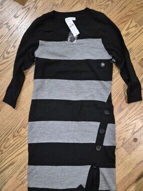 New York & Company Black and Gray Striped Button-Trim Midi Dress